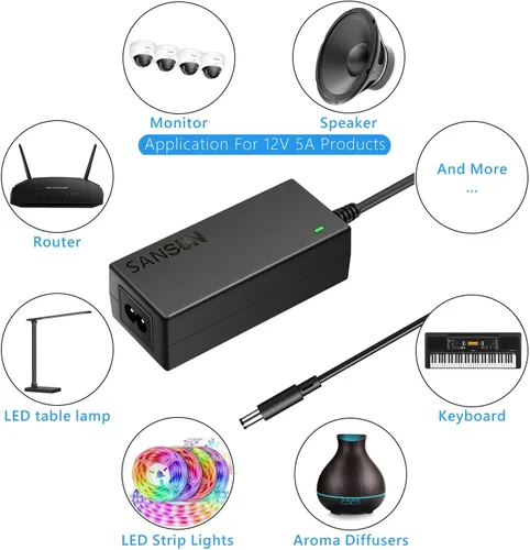 Miniatura 3 de Fuente de alimentación de 12 V 5 A, CA 120 V a CC 12 V convertidor de conector de 0.217 x 0.083 in, controlador LED de 12 voltios, adaptador