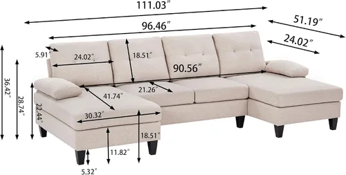 Miniatura 2 de Sofá modular de 111 pulgadas para sala de estar, sofá en forma de U de 4 plazas con doble diván de fibra de lino de poliéster, beige Gris claro