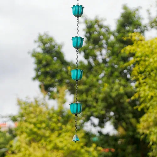 Miniatura 5 de Lotus Cadena de lluvia, cadenas de lluvia de 8.2 pies para canaletas con 10 tazas, cadenas de captura de lluvia ajustables con campana para Azul