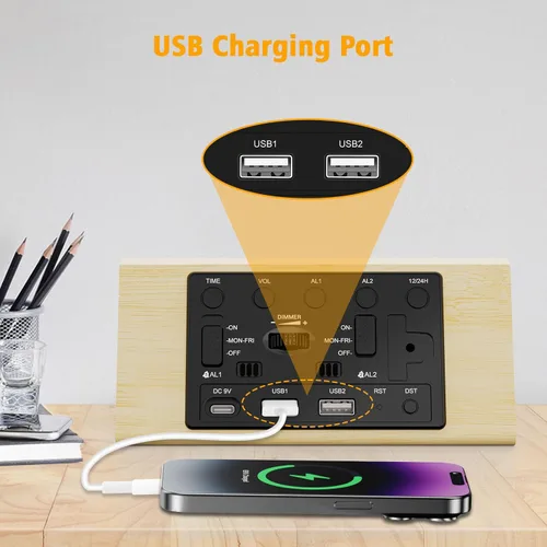 Miniatura 7 de Reloj despertador digital de madera con puertos de carga USB duales, DST, atenuable, función de repetición, reloj LED de tiempo moderno de gran