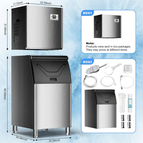 Miniatura 2 de Máquina comercial para hacer hielo de 450 libras/24 horas, 250 libras de almacenamiento grande dividida para negocios, 156 cubos en 7-15 minutos