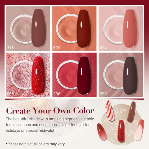 Miniatura 6 de AZUREBEAUTY Polvo de uñas de inmersión, kit de iniciación de 6 colores con purpurina marrón y roja, arte de uñas francesa, manicura de bricolaje