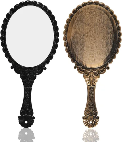 Lystaii 2 espejos de mano, espejos vintage de viaje de mano con asa, portátiles en relieve, espejos decorativos de mano, paquete compacto, mini