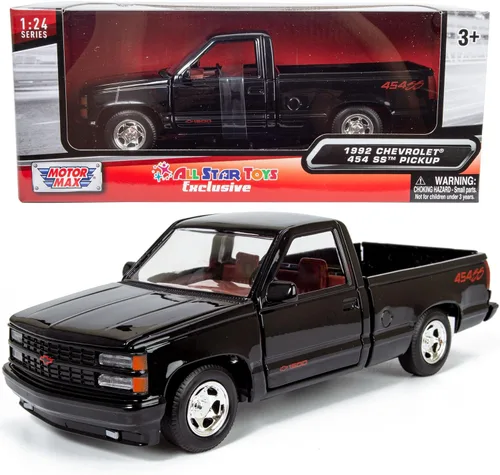 All Star Toys 1992 Chevy C1500 454SS Pickup Truck a escala 1/24, modelo de coche fundido en metal negro con interior rojo Silverado 454 SS Motormax