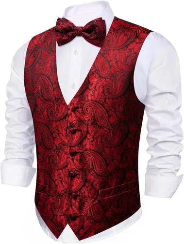 Miniatura 50 de Barry.Wang Conjunto de chaleco de pajarita para hombre, chaleco con cuello en V de seda jacquard de cachemira, gemelos de pañuelo formal/ocio, boda