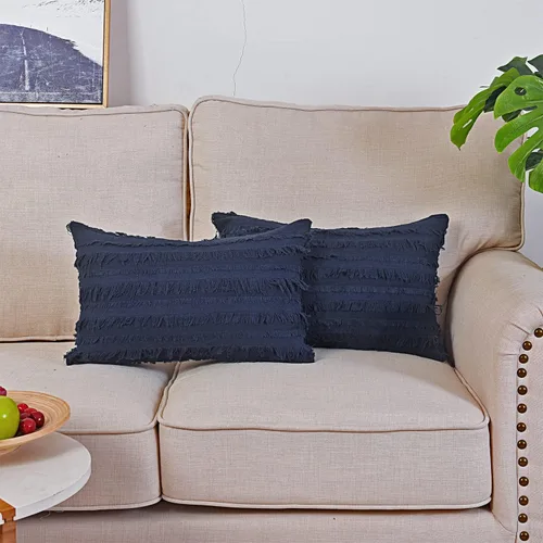 Miniatura 28 de GYROHOME Paquete de 2 fundas de almohada de algodón y lino, fundas de cojín decorativas, diseño de borlas, fundas de cojín modernas con flecos