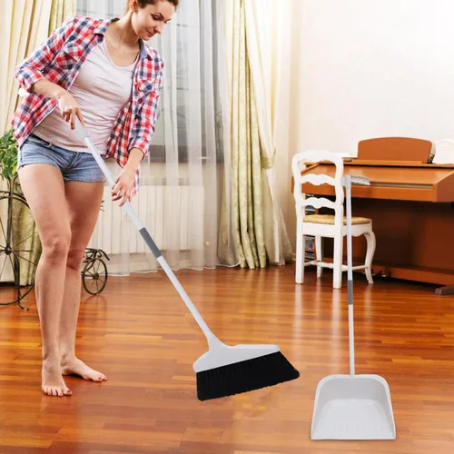 Miniatura 9 de Lurrose Juego de escoba y recogedor resistente para suelos con cerdas suaves y mango largo ergonómico para azulejos de cocina y superficies de Blanco