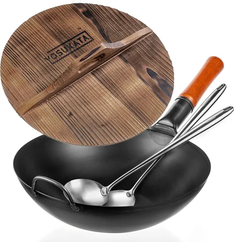 YOSUKATA Sartén Wok de acero al carbono – Sartenes de 13,5 pulgadas con fondo plano + cubierta de wok de primera calidad con tapa de sartén de 13.5