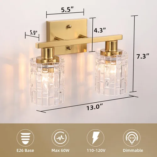 Miniatura 5 de 2 luces de tocador de baño de oro cepillado sobre el espejo, iluminación moderna de tocador con pantalla de cristal de cristal, accesorios