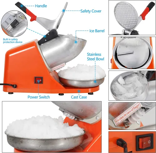 Miniatura 2 de Zeny Máquina trituradora de hielo, eléctrica, para hacer conos de nieve, de acero inoxidable, picadora de hielo raspado (naranja)