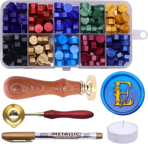 Miniatura 10 de SWANGSA Kit de sello de cera con letra inicial del alfabeto A, elegante sello de sellado de letras florales botánicas con 200 cuentas de cera