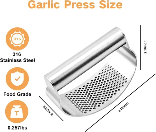 Miniatura 3 de Mecedora de prensa de ajo de acero inoxidable 316, trituradora de ajo ergonómica con asa, picadora de ajo resistente apta para lavavajillas