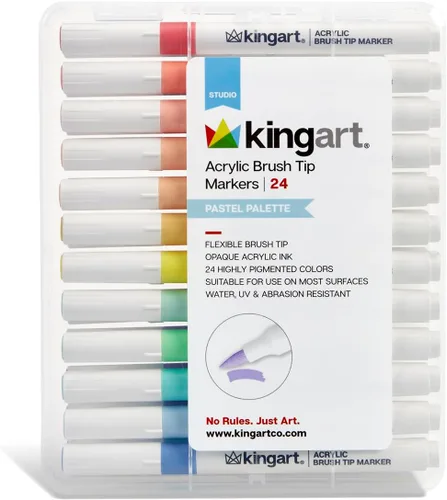 KINGART Marcadores de pintura acrílica de 24 colores, bolígrafos de punta de pincel para piedra, madera, caligrafía, lienzo, cerámica, metal,