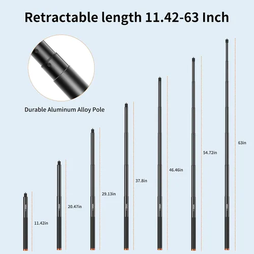 Miniatura 4 de VRIG 63" Invisible Selfie Stick for Insta360 X5/ X4/ X3/ Osmo 360/ AKASO 360/ Xtra 360 Camera, TP-36 Telescopic Extension Pole with GoPro Adapter &