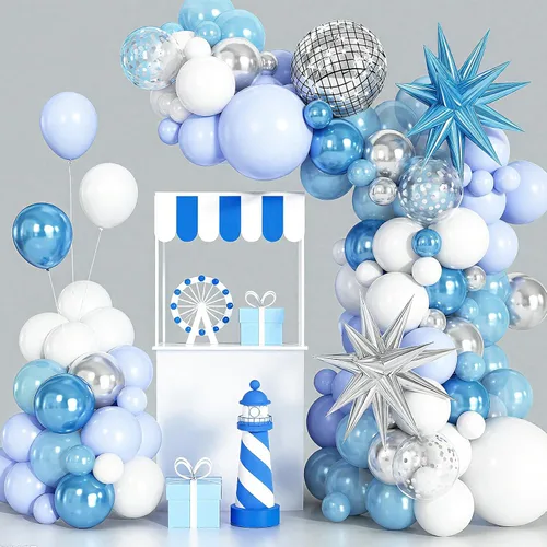 Miniatura 5 de Kit de guirnalda de arco de globos de color azul, blanco y plateado con globos de bola de discoteca, globos de papel de aluminio de estrella