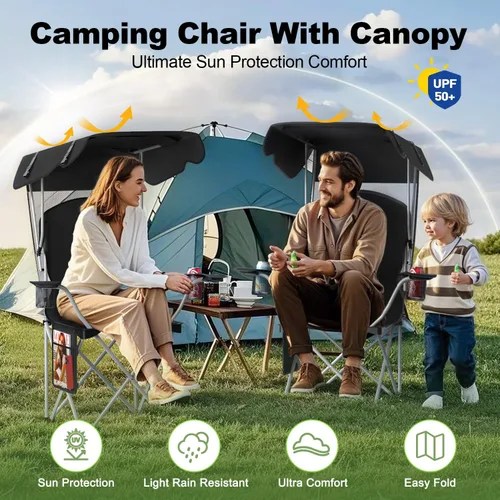 Miniatura 3 de VTOY Silla de camping portátil con dosel, silla plegable con toldo, silla Oxford 600D duradera para camping, playa, picnic, pesca y deportes