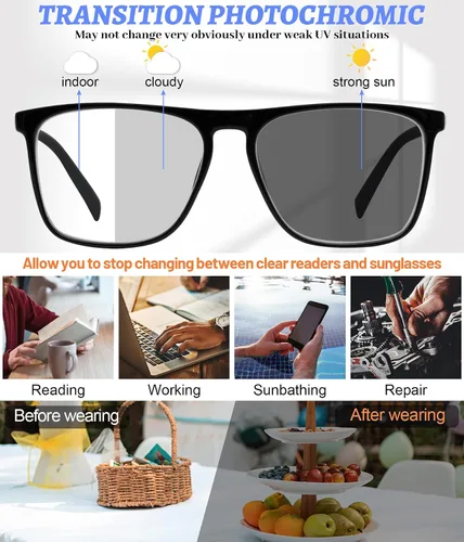 Miniatura 3 de MARE AZZURO Gafas de lectura fotocromáticas para hombre, bloqueo de luz azul, para lectores cuadrados de gran tamaño, 1.0, 1.5, 2.0, 2.5, 3.0, 3.5