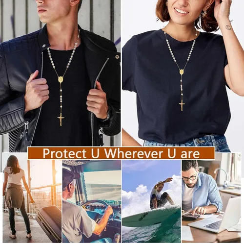 Miniatura 2 de ChainsProMax Collar con rosario de Virgen MaríaSan Cristóbal y San Miguel para mujer, foto personalizadatexto disponible-Envía caja de regalo