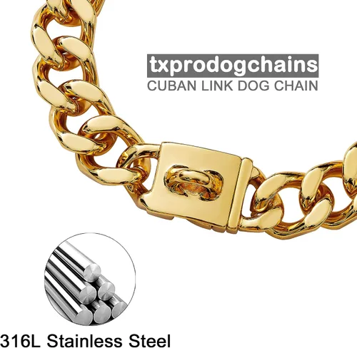 Miniatura 2 de txprodogchains Collar de cadena para perro grande con hebilla, resistente de 0.827 in de grosor, acero inoxidable, oro de 18 quilates, cadena