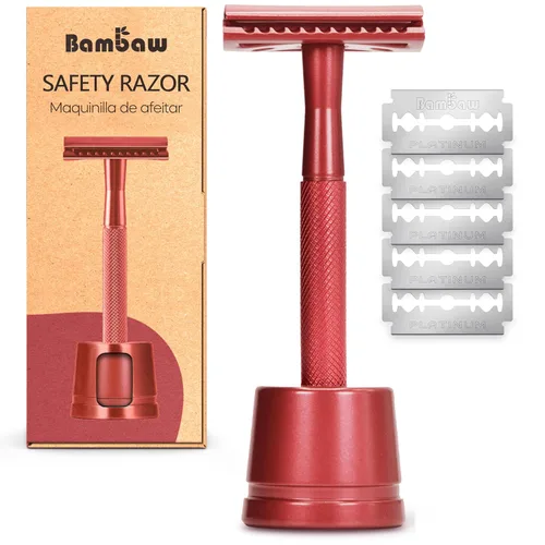 Miniatura 7 de Bambaw Maquinilla de Afeitar de Seguridad de Doble Filo para Hombres con Soporte, Maquinilla de Afeitar de Metal Reutilizable con 5 Cuchillas