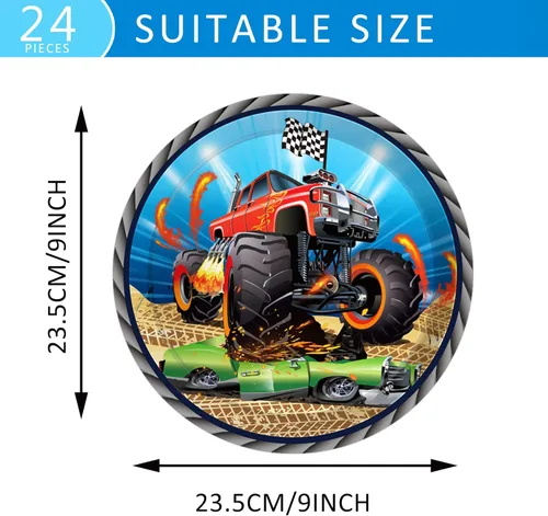 Miniatura 2 de OXYLIPO Paquete de 24 platos de papel de postre Monster Truck de 9 pulgadas, platos redondos desechables para automóvil, platos de fiesta, baby