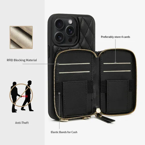 Miniatura 3 de LAMEEKU Funda tipo cartera diseñada para iPhone 14 con tarjetero y cadena cruzada para mujer, funda RFID a prueba de golpes, compatible con iPhone