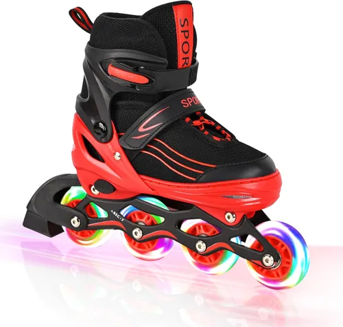 Patines en línea ajustables para niños, niñas y niños, color morado y negro, todas las ruedas iluminan patines para niños principiantes al aire