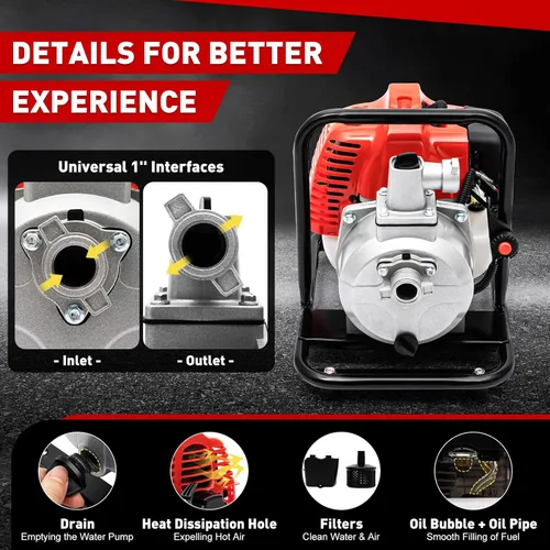 Miniatura 4 de Bomba de transferencia de agua a gas de 2 tiempos, 1.7 HP, motor de gasolina de 40.2 cc, bomba de agua portátil de 1 pulgada, bombas de agua