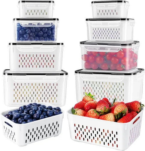 Miniatura 10 de Freshmage Contenedores de almacenamiento de frutas para refrigerador con colador extraíble, recipiente hermético para almacenamiento de alimentos