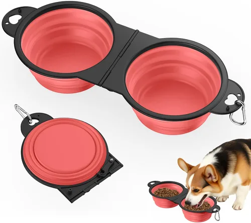 Miniatura 17 de Pawaboo Cuencos plegables 2 en 1 para perros, cuencos dobles para comida y agua, cuenco de silicona portátil de 180° con gancho de metal, comedero