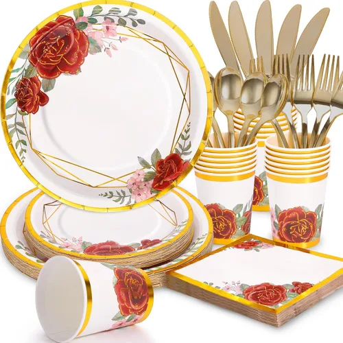 Miniatura 11 de Decoraciones de Ducha Nupcial en Oro Rosa, 168 Piezas de Platos y Servilletas para Despedida de Soltera, Platos de Papel Florales para 24, El Amor