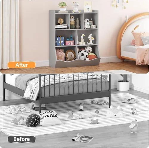 Miniatura 4 de GarveeHome Gabinete de almacenamiento de juguetes gris, estantería de tres niveles para niños y estantería para almacenamiento de libros y juguetes