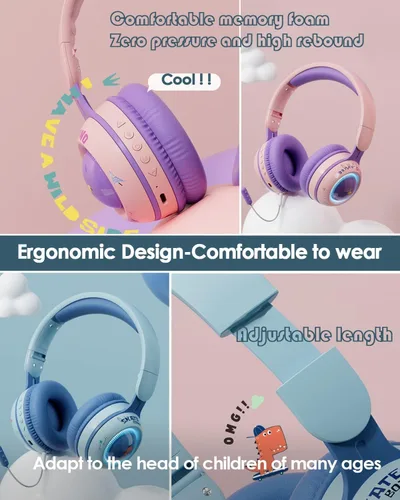 Miniatura 6 de Xmenha Auriculares inalámbricos para niños con micrófono para la escuela, con cancelación de ruido, protección para los oídos, Bluetooth, plegable