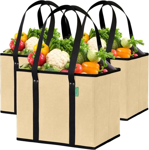 Reusable Grocery Bags (3 Pack) – Heavy Duty Reusable Shopping Bags for Groceries with Box Shape to Stand Up, Stay Open, Fold Flat – Large Tote-Bag