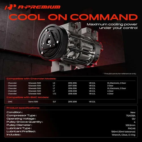 Miniatura 2 de A-Premium Compresor de aire acondicionado de CA con embrague compatible con Chevrolet Silverado 1500 2016-2018 y GMC Sierra 1500 2016-2018, 5.3L