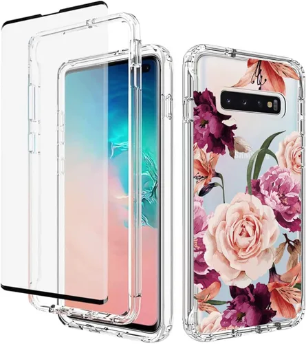 Funda para Samsung Galaxy S10 Plus, diseño de flores moradas, a prueba de golpes, funda protectora de cuerpo completo con protector de pantalla de