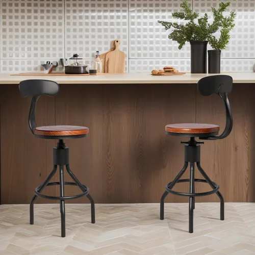 Miniatura 8 de Juego de 2 taburetes de bar industriales con respaldo de 23 a 33 pulgadas, asiento giratorio de madera, isla de cocina, comedor, taburete
