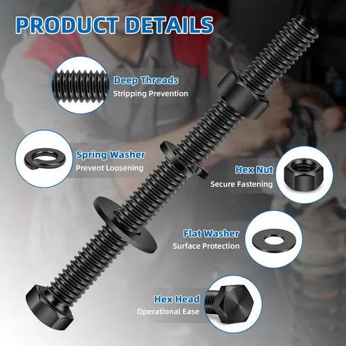 Miniatura 3 de 1/4-20 x 2-1/2" Tornillos de cabeza hexagonal, pernos, tuercas, arandelas planas y de bloqueo, rosca completa, acero inoxidable 18-8, acabado negro