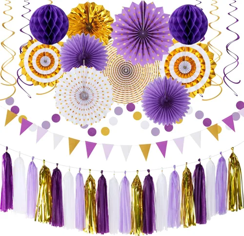 Miniatura 10 de Kits de decoración para fiestas negro blanco-plata - 33 piezas, banderas, guirnaldas con borlas para graduación, pompones de papel de seda tipo