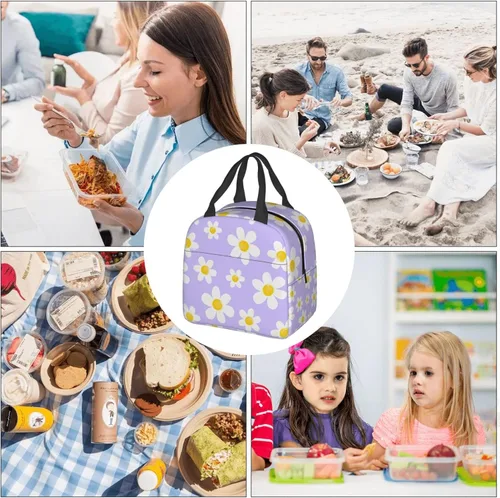 Miniatura 8 de Bolsa de almuerzo con diseño de margaritas blancas, color morado, aislante, reutilizable, contenedor portátil para comidas, para mujeres, cajas