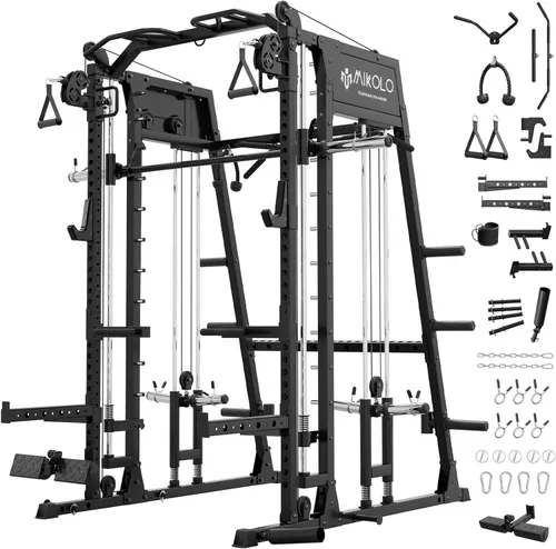 Miniatura 22 de Máquina de Smith Mikolo, banco de sentadillas de 2200lbs con sistema de tracción LAT y máquina de cruce de cables, equipo de entrenamiento con Rojo