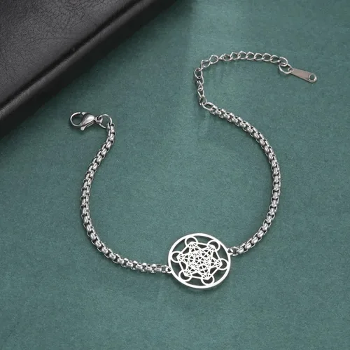 Miniatura 6 de Fantasy Forge Jewelry Pulsera de cubo Metatrons de plata dorada para mujer, acero inoxidable, geometría sagrada, 7-9.5 pulgadas