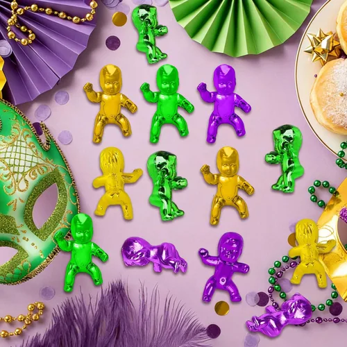 Miniatura 5 de King Cake Babies, 30 piezas de 1.2 pulgadas Mardi Gras mini bebés de plástico metálico dorado morado verde bebé para decoración de pasteles rey