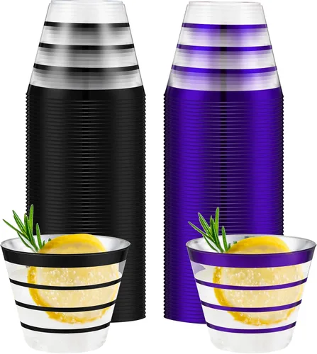 Miniatura 8 de Gejoy 100 vasos de plástico de 9 onzas con borde de Navidad a rayas, desechables a granel, vasos de plástico duro para beber, vasos para bodas, Rojo