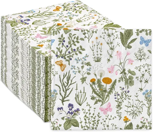 AnyDesign Paquete de 80 servilletas de papel desechables florales con flores silvestres, servilletas de papel decorativas con flores y mariposas,