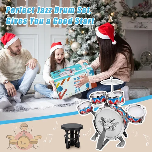 Miniatura 7 de Juego de batería para niños pequeños, kit de batería de jazz con taburete, instrumentos musicales, juguetes de cumpleaños, Navidad, regalos