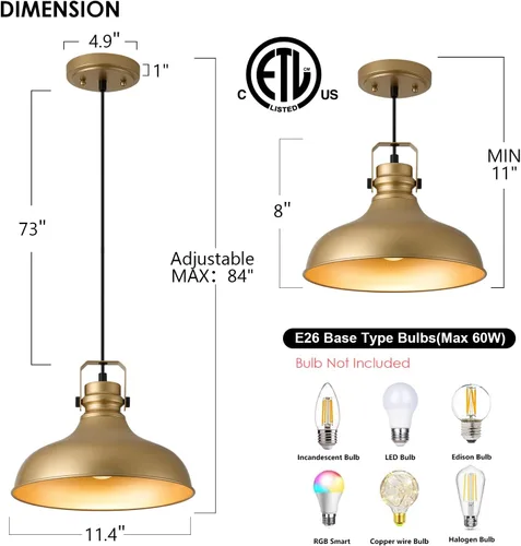 Miniatura 2 de Luces colgantes doradas de granja, iluminación colgante mate para isla de cocina, industrial de altura ajustable, vintage, cúpula, lámparas Oro