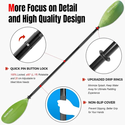 Miniatura 4 de Remos de Kayak con Eje de Aleación y Pala de PP, Remos Flotantes para Kayak, Ajustables 230-250 cm/90-98 Pulgadas, 210-230 cm/82-90 Pulgadas Verde