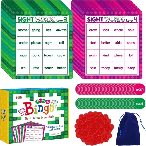 Miniatura 25 de SpriteGru Juego de bingo de palabras a la vista, 120 palabras de vista para aprender a leer nivel 1 y nivel 2 Juego de mesa de bingo Listas