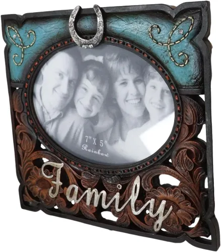 Miniatura 3 de Ebros Gift Rustic Western Family - Marco de fotos de piel sintética turquesa y resina de madera tallada, 7 x 5 pulgadas, con caballete trasero